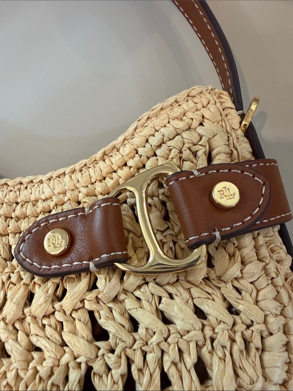 Lauren Ralph Lauren mini woven Straw Bag with Brown Leather Trim - Picture 9 of 10